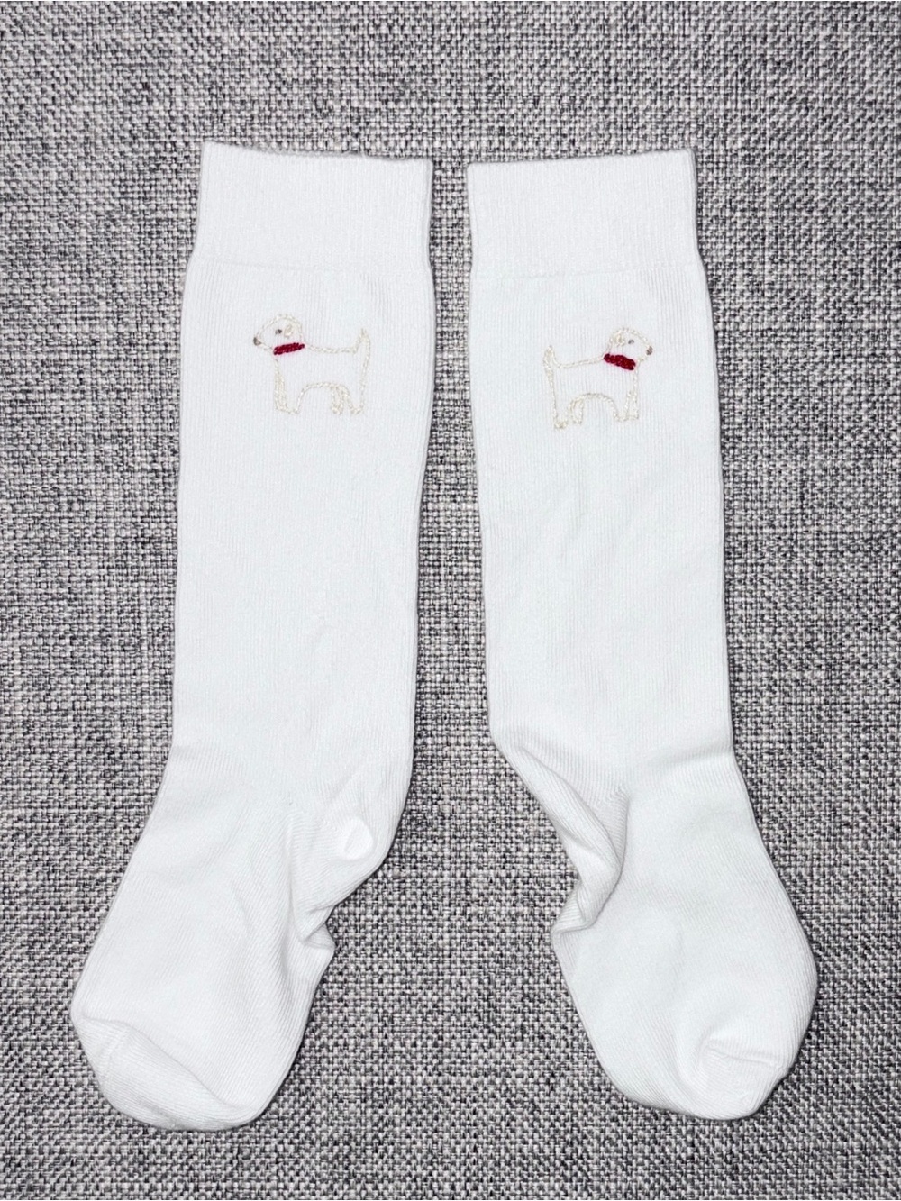Little English White Knee High Socks with Embroidered Puppy